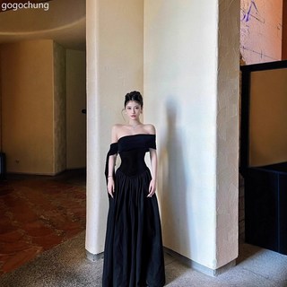 法式氣質一字肩連衣裙女2025年夏季新款掐腰顯瘦設計感黑色長裙子, 黑色