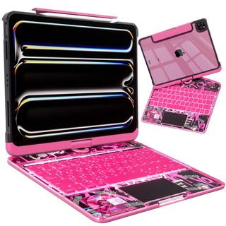 AITEWO 아이패드 키보드 케이스 일체형 360도 회전 다각도 조절 투명 케이스 트랙패드 세트 펜슬수납 한국어 매직키보드 에어/프로 10.9/11/12.9/13인치 호환, 투명 핑크, 1개