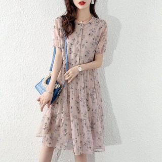 스타일아유 여름 빈티지 플라워 반팔 쉬폰 플레어 A라인 하프 원피스