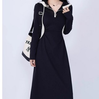 連帽長袖連衣裙 女款秋季黑色設計感過膝長裙, 黑色,XL