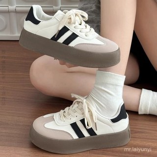 限時下殺 A 厚底經典百搭德訓鞋厚底小白鞋復古二槓拚色增高休閒闆鞋女2024秋季新款潮流百搭黑色軟底德訓鞋AJ