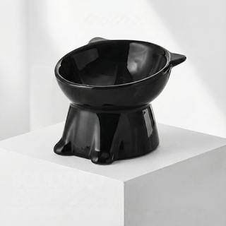 EIRAFUR 高腳貓碗 寵物碗 護頸碗 傾斜式 寬口不壓鬚 貓耳造型 增高貓碗, 黑色, 1個