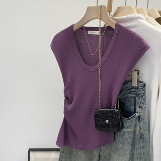 氣質女裝潮坎肩無袖不規則2025夏季抽褶新款別緻針織衫嚴選小上衣