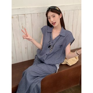 老錢風穿搭休閒套裝女款夏裝搭配一整套無袖襯衫闊腿褲鹽系兩件套