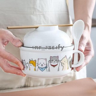 優選新品 陶瓷泡麵碗 帶蓋飯盒可愛學生宿捨碗一個人專用可微波爐傢用帶飯碗 卡通泡面碗, 1個, K款式,六寸蓋碗款-可插勺【收藏送筷勺】