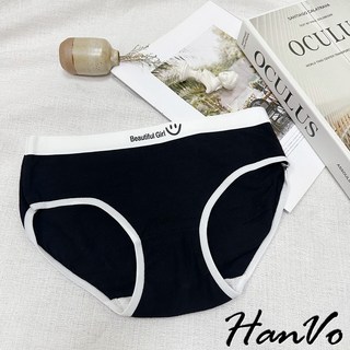 HanVo 黑白灰簡約字母運動風內褲 舒適柔軟親膚撞色邊棉質內褲 中腰女內褲 透氣內褲, 黑色