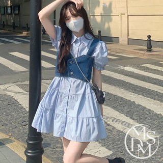 MDMS 連身裙 泡泡袖 牛仔背心 兩件式 襯衫洋裝 吊帶 背帶 白色洋裝 公主風 連衣裙 荷葉裙擺 套裝 S029
