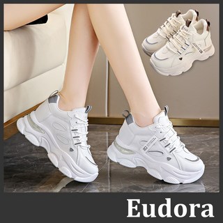 內增高休閒運動鞋 厚底小白鞋 皮革反光綁帶