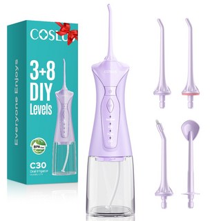 코슬루스 3+8 모드 무선 구강세정기 IPX7 급방수 + 4개노즐팁, 퍼플