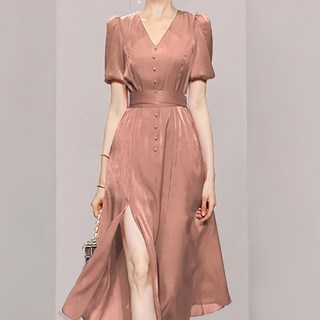 ViVEMO 女款V領短袖高腰開衩中長版洋裝 01299, 粉紅色