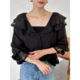 WEILI 女士蕾絲拼接荷葉邊下擺單排扣寬鬆襯衫