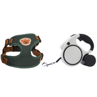 강아지 H형 하네스 세트 자동 LED 리드줄 5M 목줄 패키지, 1세트, 그린+LED 자동리드줄