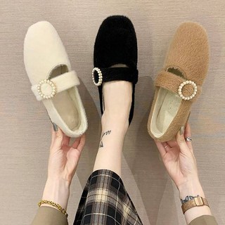 ROYALBELLE 여성 진주 버클 포인트 퍼 로퍼 라운드토 미들힐 우아한 데일리 단화 E01123112