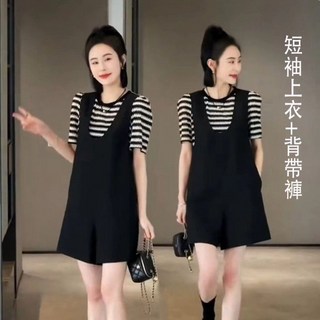 夏季條紋背帶褲套裝｜短袖T恤+吊帶褲兩件套｜休閒穿搭｜女裝時尚套組 夏天套裝 休閒套裝a0159