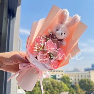 香皂花畢業花束禮盒 仿真花教師節情人節禮物 隔日配, 1個, 小兔香皂花—粉色, 粉色