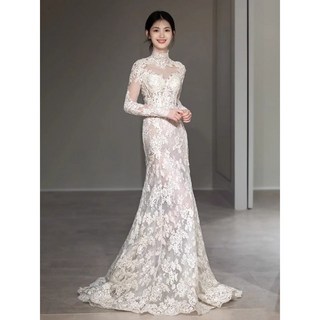 魚尾輕婚紗 長袖復古女禮服, 白色 【無配件】,4XL, 1個