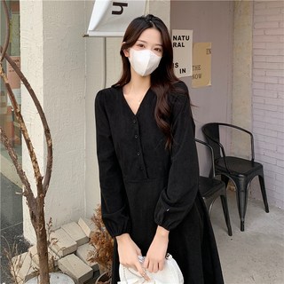 美式收腰顯瘦長袖連衣裙 - 秋天中長裙 適合女生的長裙洋裝, 黑色