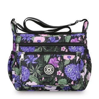 牛津布休閒斜挎包，大容量防水女士單肩包, 綠葉紫花,寬25高20厚11釐米