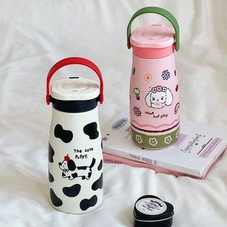 陶瓷內膽保溫杯手提吸管雙飲杯316便攜情侶女學生高顏值牛奶水杯陶瓷保溫杯保溫瓶保溫壺水壺水瓶咖啡杯果汁杯飲料杯環保杯, 粉絨兔花園,600ml, 1個