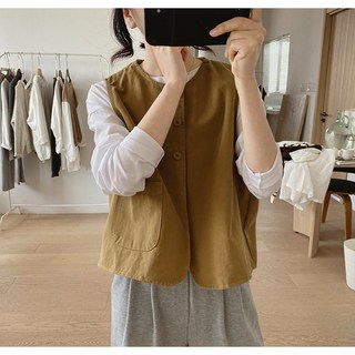 壹灣出貨短款縮排扣設計背心軍裝風露營風, 卡其