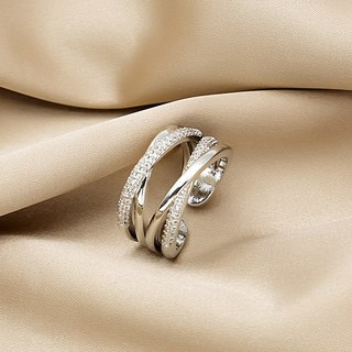 愛風格 雙交叉鑲鑽雙層開口戒指 寬版戒指 食指戒 尾戒 不易掉色