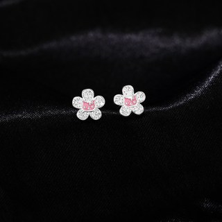 S925純銀可愛花朵小貓耳釘 小眾甜美卡通耳骨釘 女 小巧精緻鑲鑽耳飾 輕奢精緻耳釘