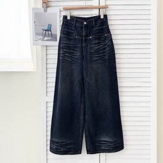 高腰貓抓隱形口袋闊腿牛仔長褲 拖地丹寧寬鬆牛仔褲 女長褲顯瘦