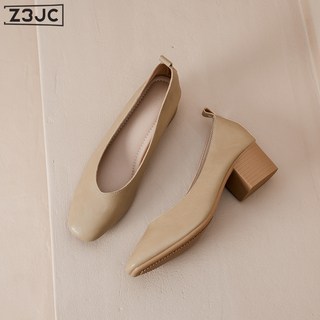 Z3JC 新款牛皮單鞋女中跟方頭淺口軟底簡約通勤鞋休閒氣質奶奶鞋子