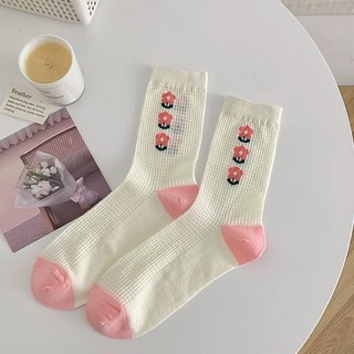 加幫手 女生花朵中筒襪 粉白兩色 網狀透氣棉質 四季休閒學生襪