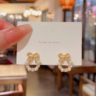 Sun_Plus 珍珠蝴蝶結耳釘 925銀針 輕奢鑲鑽珍珠耳環 簡約百搭氣質耳飾