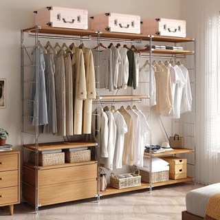 日式特厚組裝落地掛衣架 衣帽架 衣櫃 帶抽屜加厚立式耐用開放式衣櫃組合, 長衣款【副架】,高190cm長60cm寬41cm