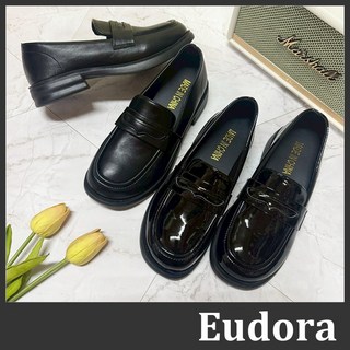 【Eudora】英倫風樂福鞋 小皮鞋 紳士鞋 懶人鞋 學生皮鞋 上班鞋 面試鞋 皮革圓頭低跟粗跟平底黑色包鞋跟鞋