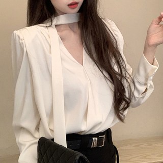 cammello 클래식 새틴 브이넥 초커타이 긴팔 블라우스 셔츠 오피스룩 하객룩