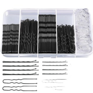 대용량 올인원 헤어 실핀 세트 300p 물결핀 U자핀 투명 고무줄 수납 케이스 포함