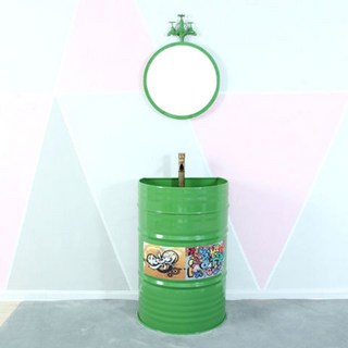 Shark家具 工業風油桶洗臉盆 個性KTV酒吧洗手台 落地立柱盆, 綠色帶鏡子（送水龍頭 下水）, 1個