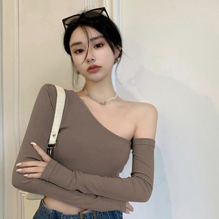 設計感不規則斜肩長袖T恤女 性感緊身露腰內搭短版上衣 韓版素色薄款打底T恤