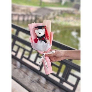 嗨購 畢業禮物 學士熊博士熊花束 太陽花 學校活動禮物 拍照畢業典禮博士熊卡通小花束, 粉色+白色紙+博士熊, 1個