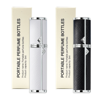 [1+1] 셀벨 프리미엄 천연 가죽 향수케이스 휴대용 펌핑 자동 하단 충전 리필 향수공병 5ml, 1개, 화이트 + 블랙