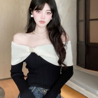 小香風一字肩蝴蝶結毛衣2025春季氣質法式露肩上衣針織衫打底修身