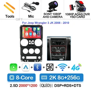 CarPlay 안드로이드 15 지프 랭글러 무제한 3 JK 2008 - 카메라 자동차 GPS Navi 헤드 유닛 라디오 4G LTE, 07 2K 8G-256G CAM DVR