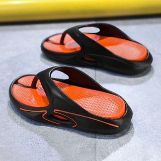 男女兩用居家室外拖鞋 輕便防臭防水減震防滑厚底涼感透氣軟底耐磨不磨腳靜音速乾平底人字拖, 4344, 黑橙色