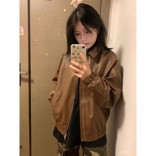 【臺灣出貨 】 美式複古咖色皮衣 寬鬆外套女 2025新款百搭機車翻領夾克外套潮 皮衣外套女 皮外套 機車夾克 外套女