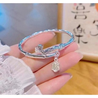 GXXI 白沙屯媽祖過爐開光 如意竹節銀手鐲 女 純銀999足銀 簡約實心手環