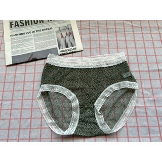 吉妮儂來 石墨烯內褲 絲滑裸感蕾絲超薄冰絲抑菌底襠滿版印花中高腰, 綠,可穿腰圍:28~32腰