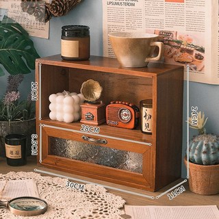 桌上收納櫃 梳妝檯置物架 辦公桌收納櫃 復古木質桌面收納整理盒, 一格一抽-海棠花玻璃, 1個