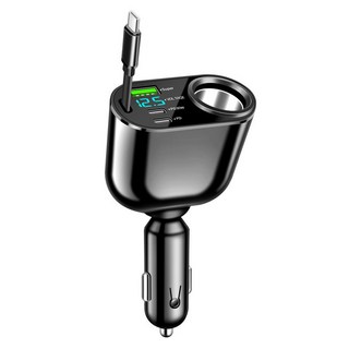 AHEAD 90W點煙器擴充座 車用充電器 五合一 快充 PD車充 PD30W, 4孔車充+1充電伸縮線, 黑色, C60