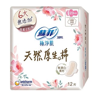 SOFY 蘇菲 極淨肌 天然原生棉超薄潔翼 日用 一般, 23cm, 12片, 1包