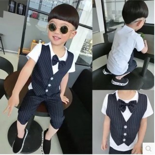 男童短袖T恤假兩件馬甲條紋短褲套裝 中小童紳士禮服西裝套裝 兒童夏季新款白t黑短褲花童小西裝三件套裝送領結