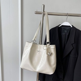 小衆銀色托特包女2025新款春季百搭大容量學生上課上班通勤包, 升級米白色-帶掛件