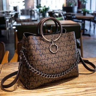 真皮女包 波士頓包 新款牛皮手提包 大容量肩背包 時尚百搭斜挎水桶包, 咖啡色MK紋25*11*20公分